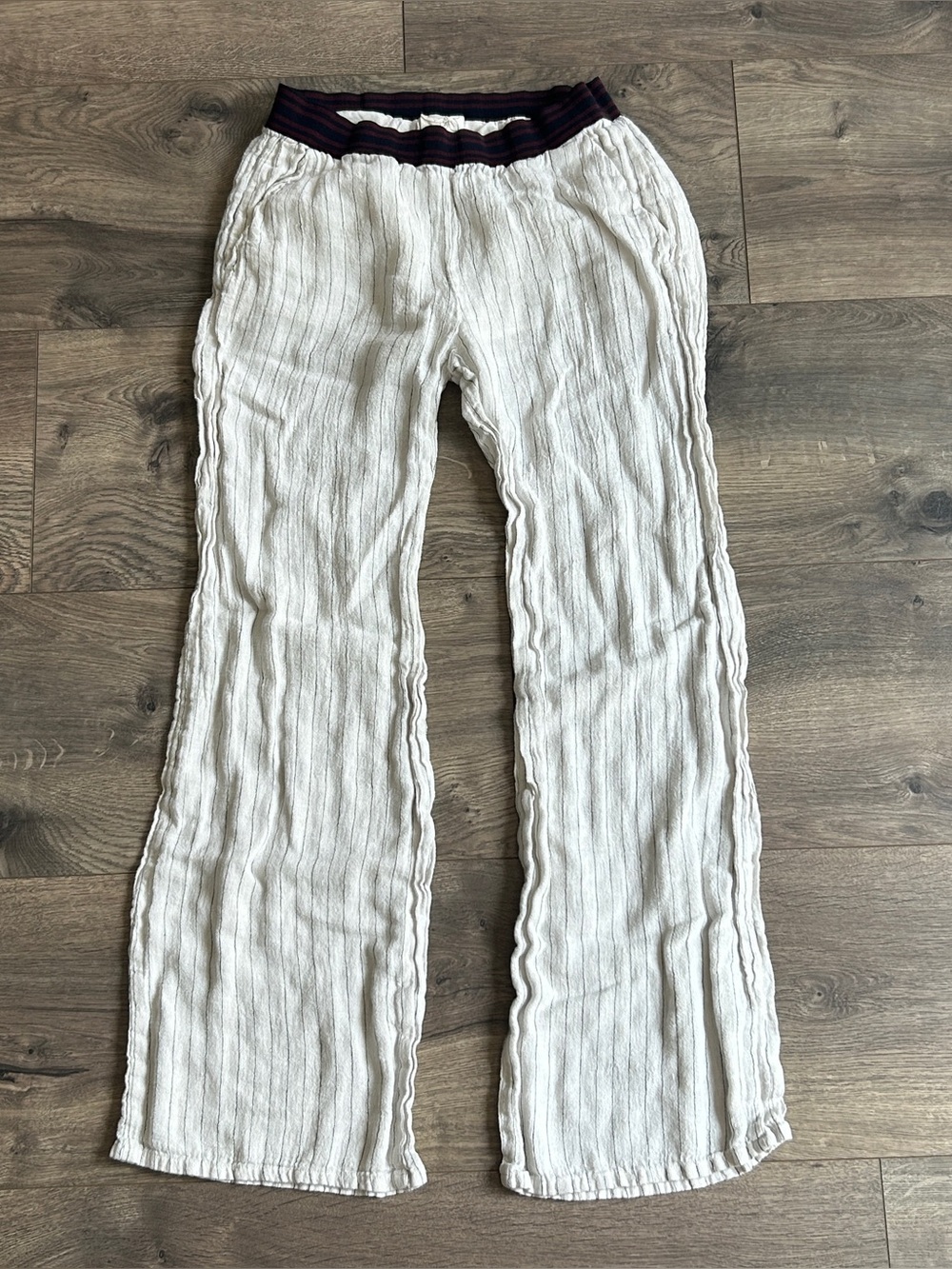 Diega Lightweight Cream Pants with Navy Stripe Waistband